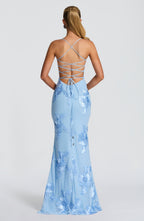 Blue Floral Appliqué Corset Maxi Dress – Glacier Statement Gown | Meave & Ivy