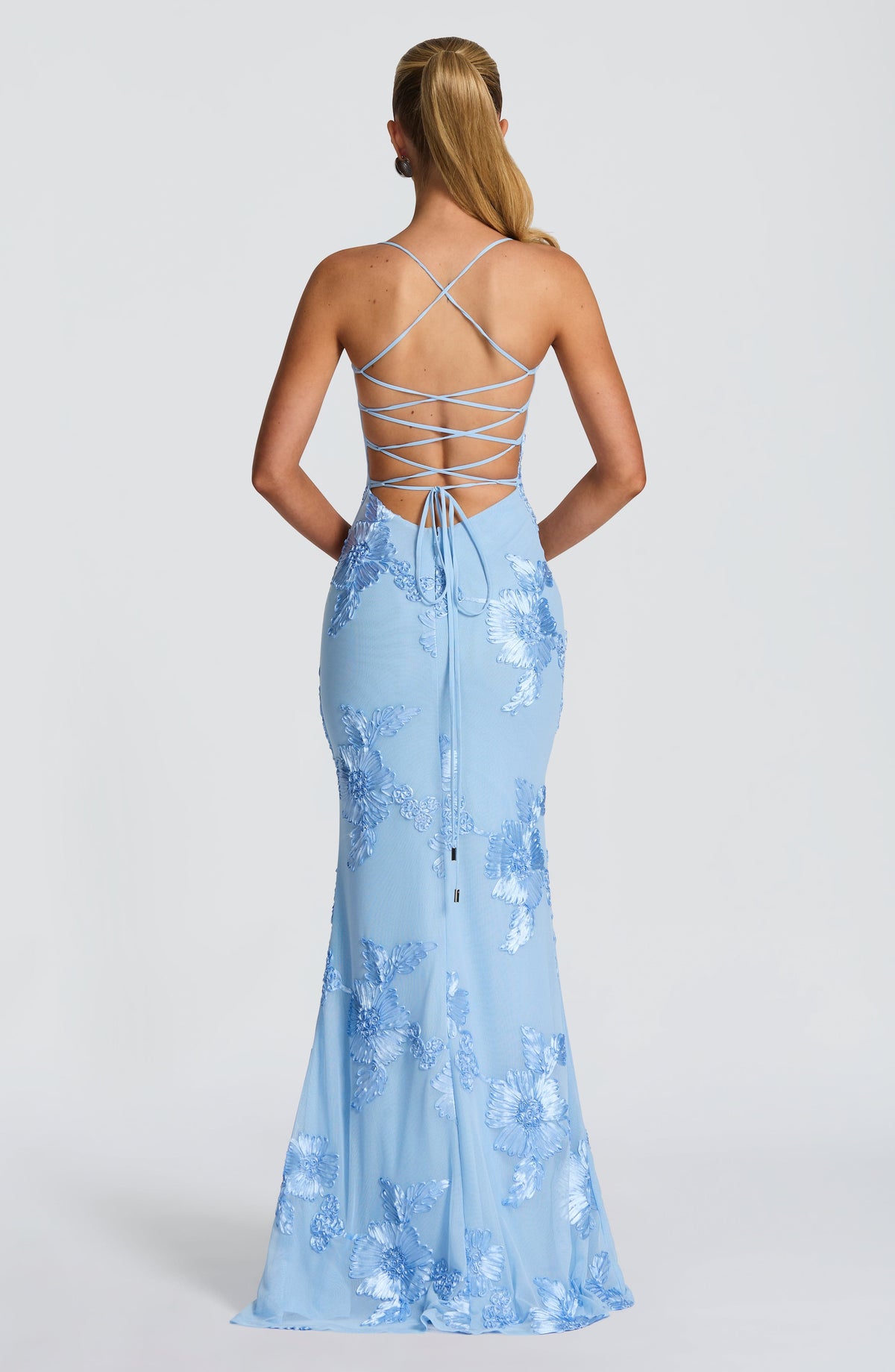Blue Floral Appliqué Corset Maxi Dress – Glacier Statement Gown | Meave & Ivy