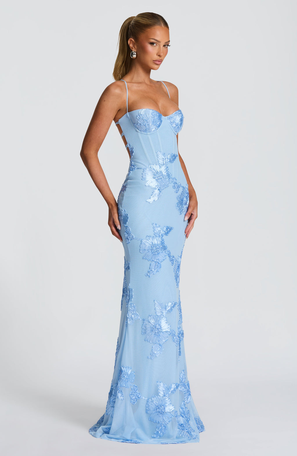 Blue Floral Appliqué Corset Maxi Dress – Glacier Statement Gown | Meave & Ivy