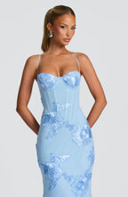 Blue Floral Appliqué Corset Maxi Dress – Glacier Statement Gown | Meave & Ivy