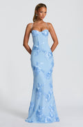 Blue Floral Appliqué Corset Maxi Dress – Glacier Statement Gown | Meave & Ivy