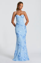 Blue Floral Appliqué Corset Maxi Dress – Glacier Statement Gown | Meave & Ivy