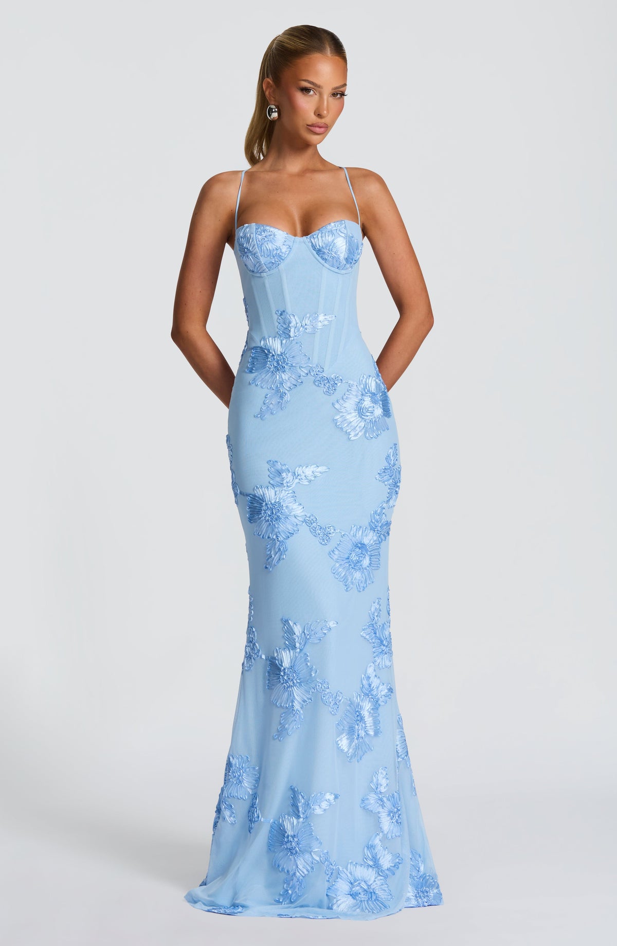 Blue Floral Appliqué Corset Maxi Dress – Glacier Statement Gown | Meave & Ivy