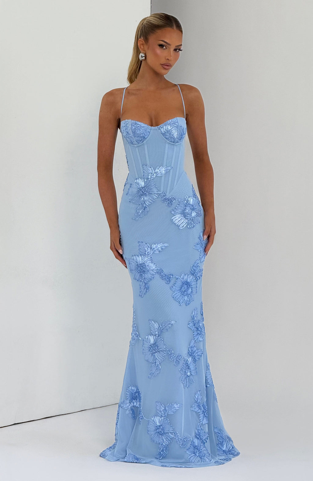 Blue Floral Appliqué Corset Maxi Dress – Glacier Statement Gown | Meave & Ivy