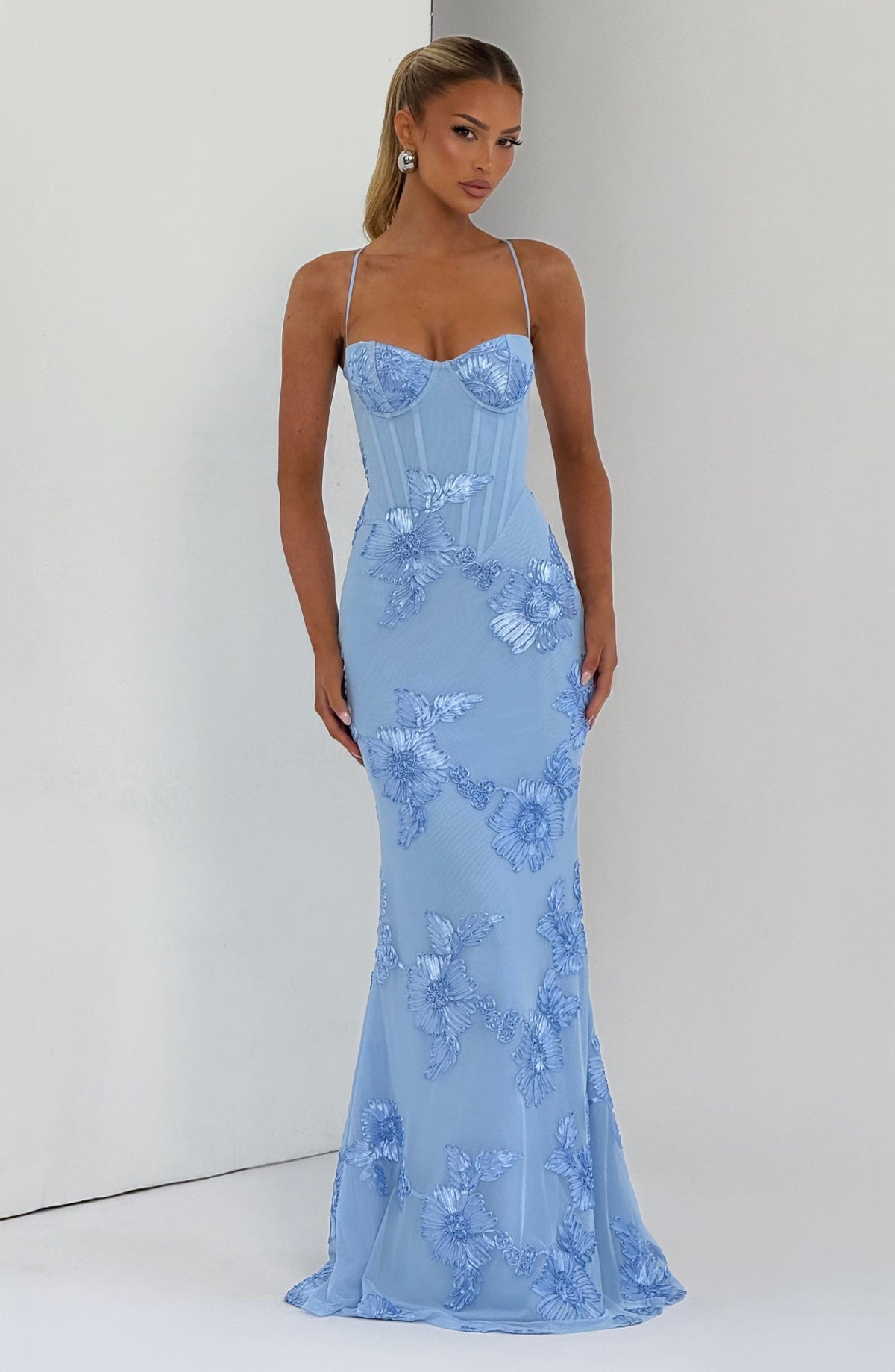 Blue Floral Appliqué Corset Maxi Dress – Glacier Statement Gown | Meave & Ivy
