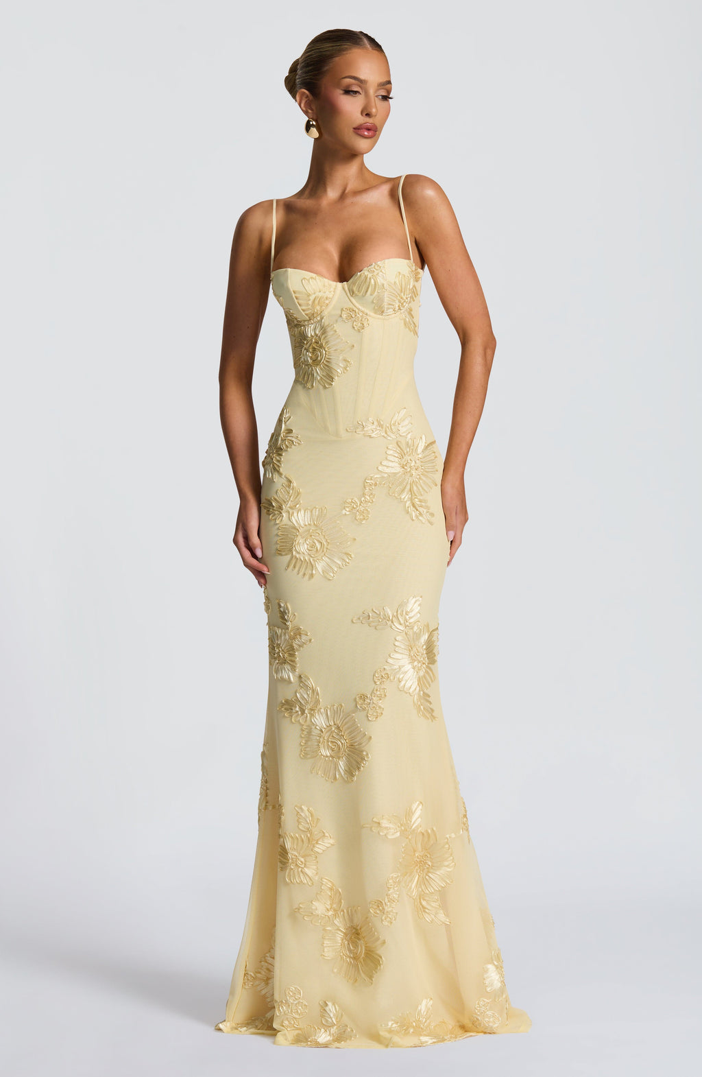Yellow Floral Appliqué Corset Maxi Dress – Statement Gown | Meave & Ivy