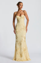 Yellow Floral Appliqué Corset Maxi Dress – Statement Gown | Meave & Ivy