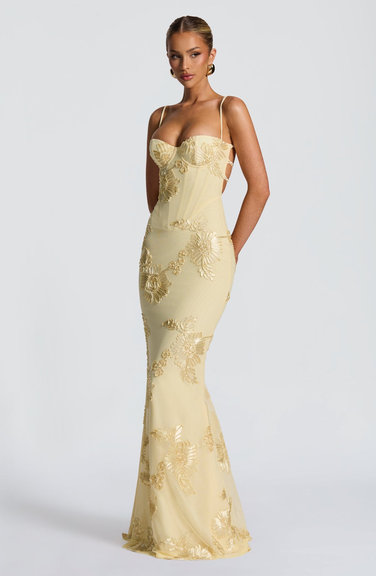Yellow Floral Appliqué Corset Maxi Dress – Statement Gown | Meave & Ivy