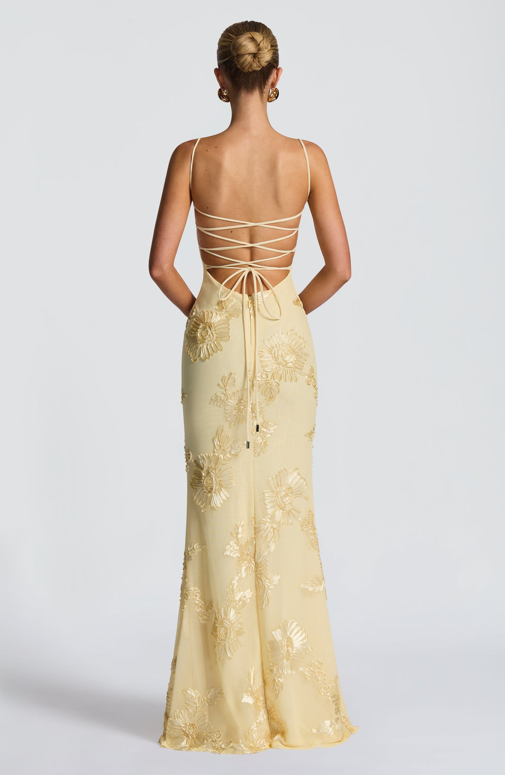 Yellow Floral Appliqué Corset Maxi Dress – Statement Gown | Meave & Ivy