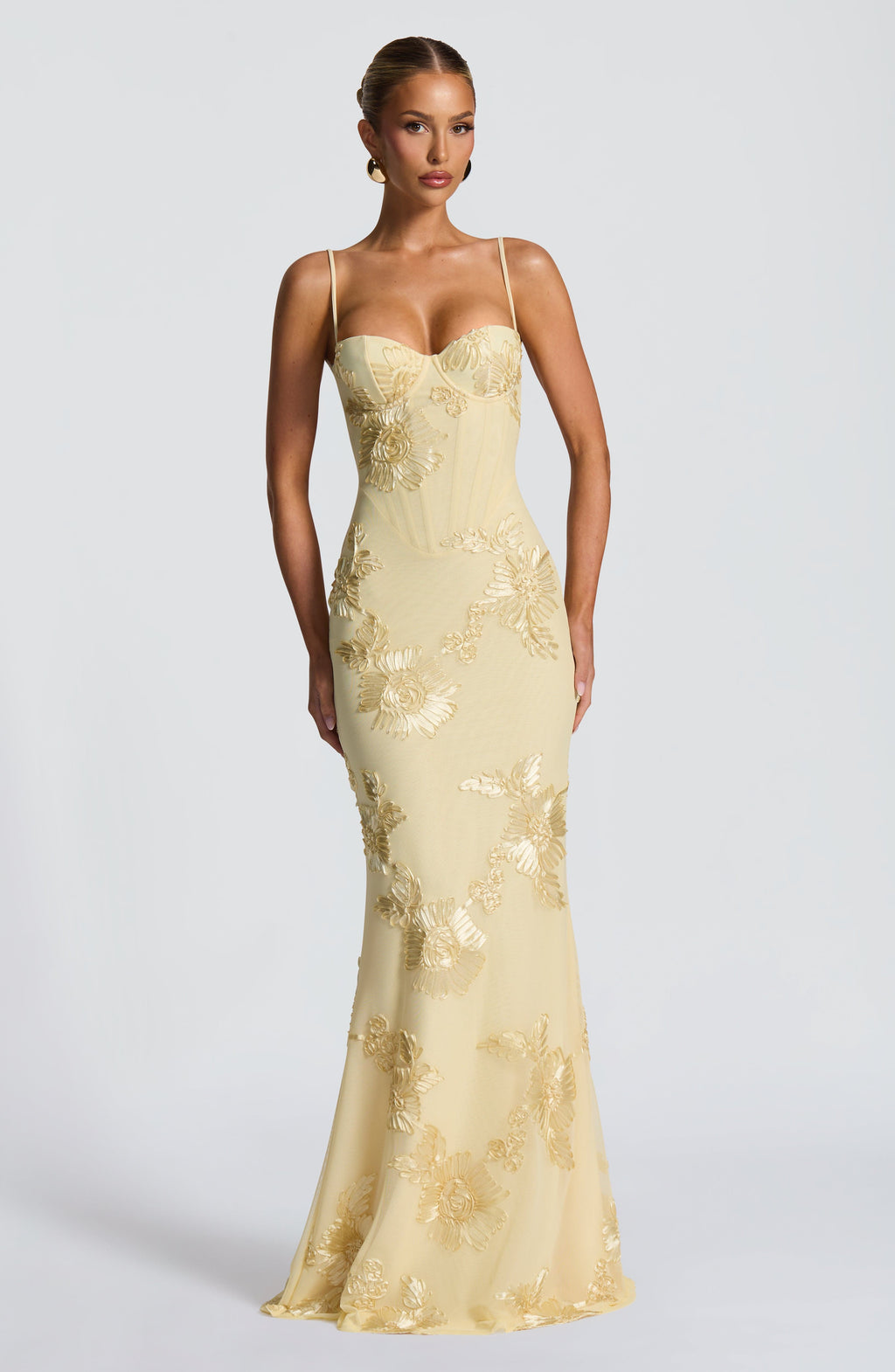 Yellow Floral Appliqué Corset Maxi Dress – Statement Gown | Meave & Ivy