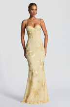 Yellow Floral Appliqué Corset Maxi Dress – Statement Gown | Meave & Ivy