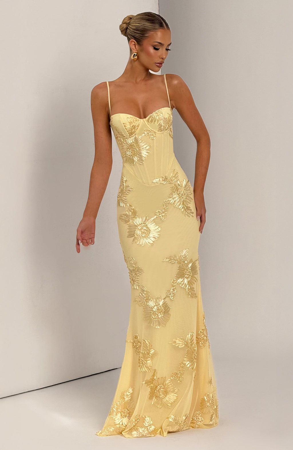 Yellow Floral Appliqué Corset Maxi Dress – Statement Gown | Meave & Ivy