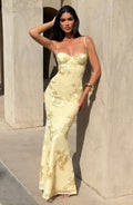 Yellow Floral Appliqué Corset Maxi Dress – Statement Gown | Meave & Ivy