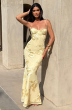 Yellow Floral Appliqué Corset Maxi Dress – Statement Gown | Meave & Ivy
