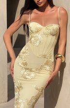 Yellow Floral Appliqué Corset Maxi Dress – Statement Gown | Meave & Ivy