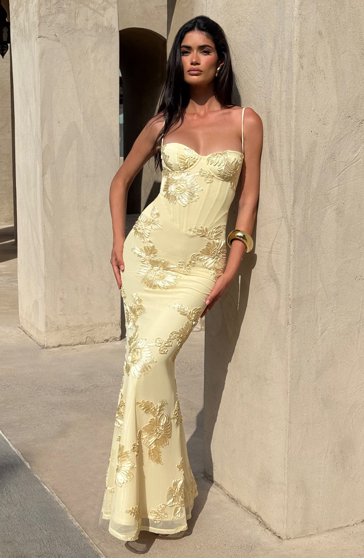 Yellow Floral Appliqué Corset Maxi Dress – Statement Gown | Meave & Ivy