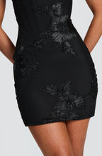 Black Floral Corset Mini Dress – Appliqué Statement Dress | Meave & Ivy