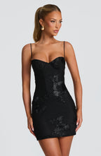 Black Floral Corset Mini Dress – Appliqué Statement Dress | Meave & Ivy