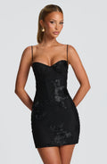 Black Floral Corset Mini Dress – Appliqué Statement Dress | Meave & Ivy