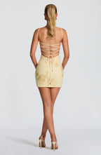 Lemon Yellow Floral Corset Mini Dress – Appliqué Statement Dress | Meave & Ivy
