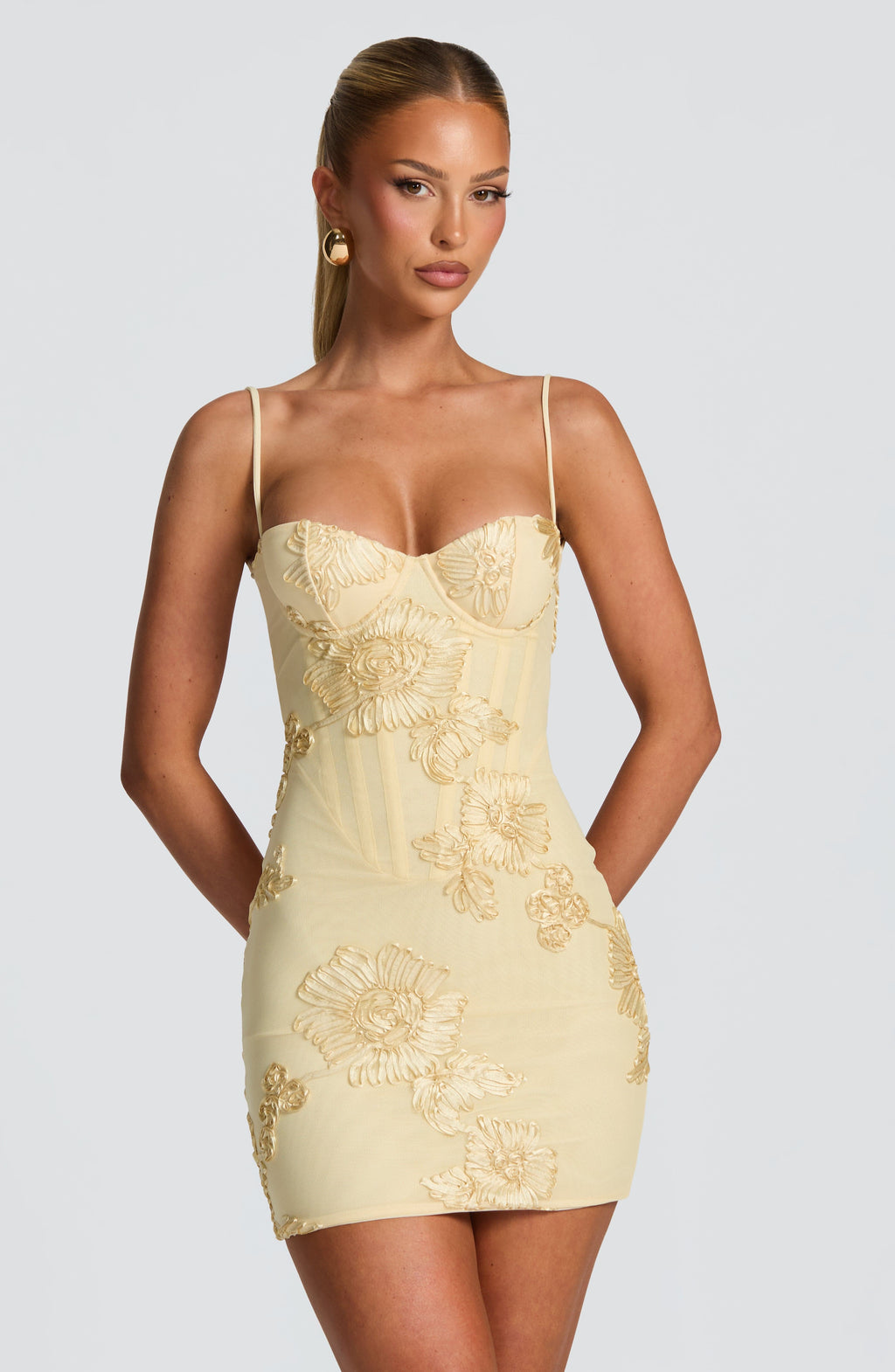 Lemon Yellow Floral Corset Mini Dress – Appliqué Statement Dress | Meave & Ivy