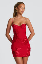 Red Floral Corset Mini Dress – Appliqué Statement Dress | Meave & Ivy