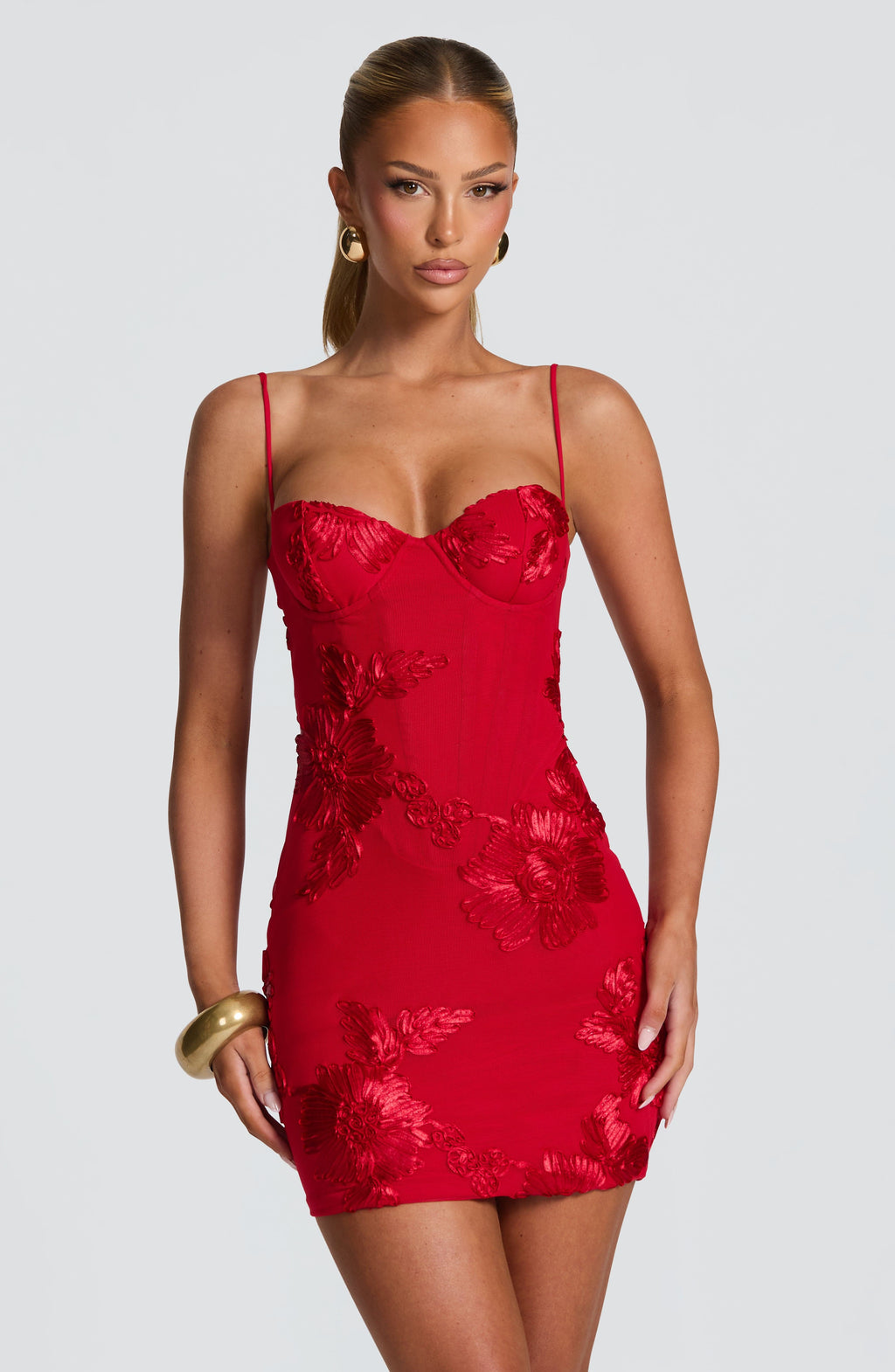 Red Floral Corset Mini Dress – Appliqué Statement Dress | Meave & Ivy