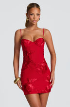 Red Floral Corset Mini Dress – Appliqué Statement Dress | Meave & Ivy