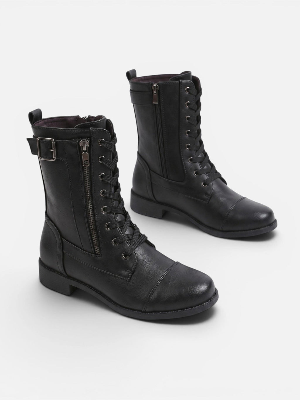 Lace-Up Combat Boots with Side Zip – Leather-Look