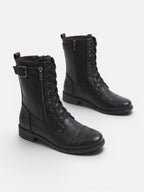 Lace-Up Combat Boots with Side Zip – Leather-Look