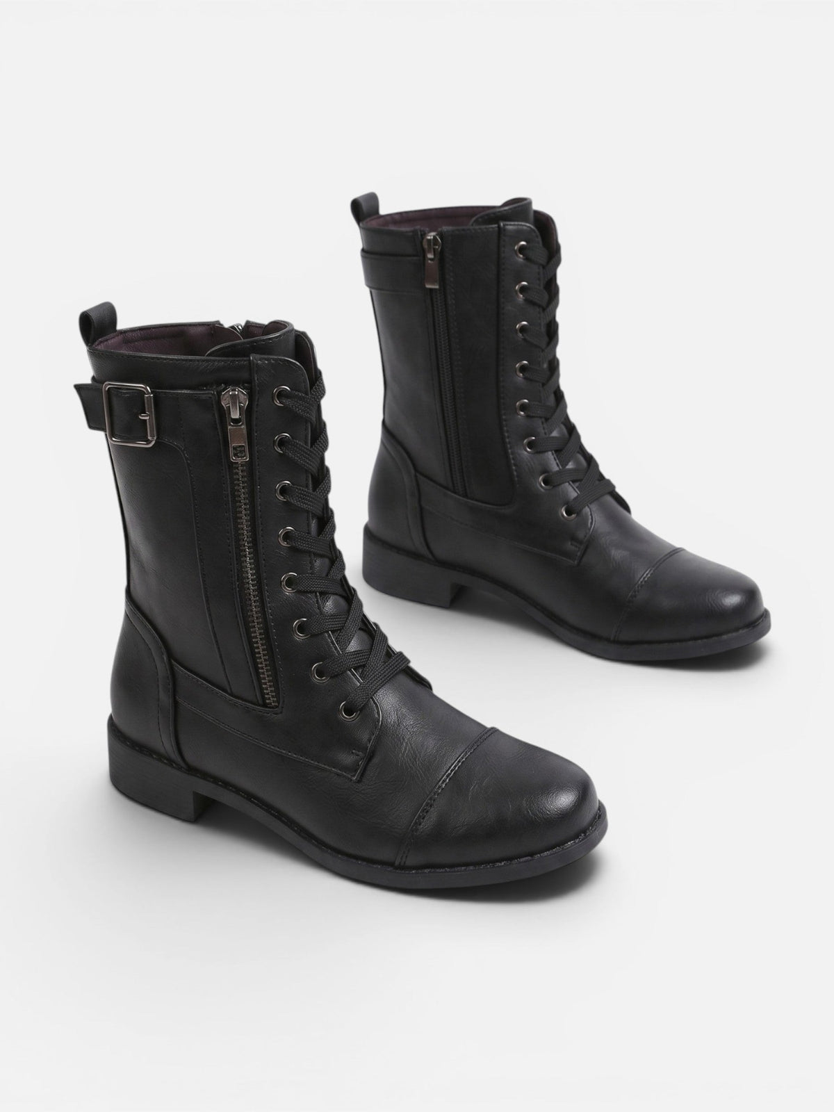 Lace-Up Combat Boots with Side Zip – Leather-Look
