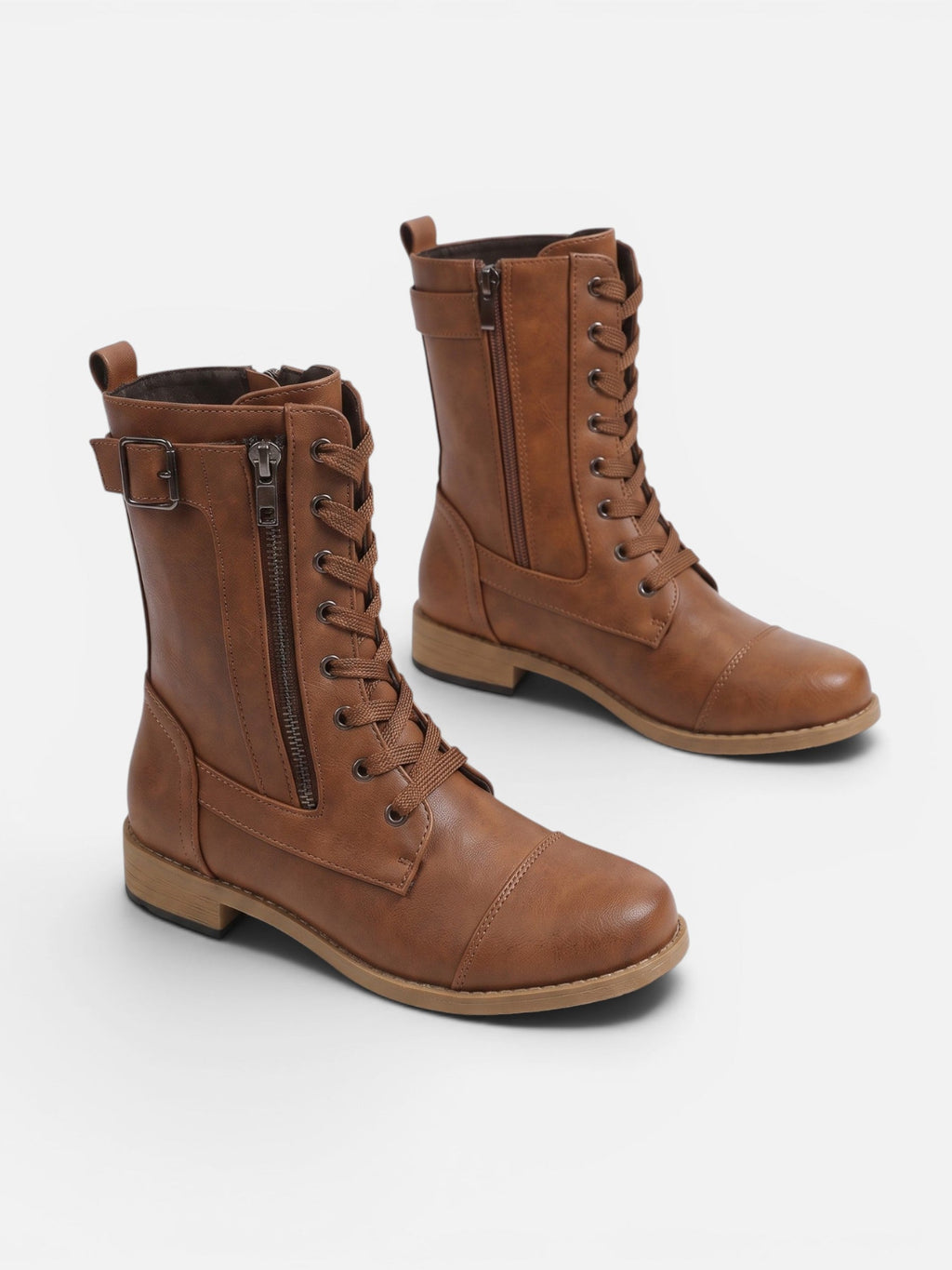 Lace-Up Combat Boots with Side Zip – Leather-Look