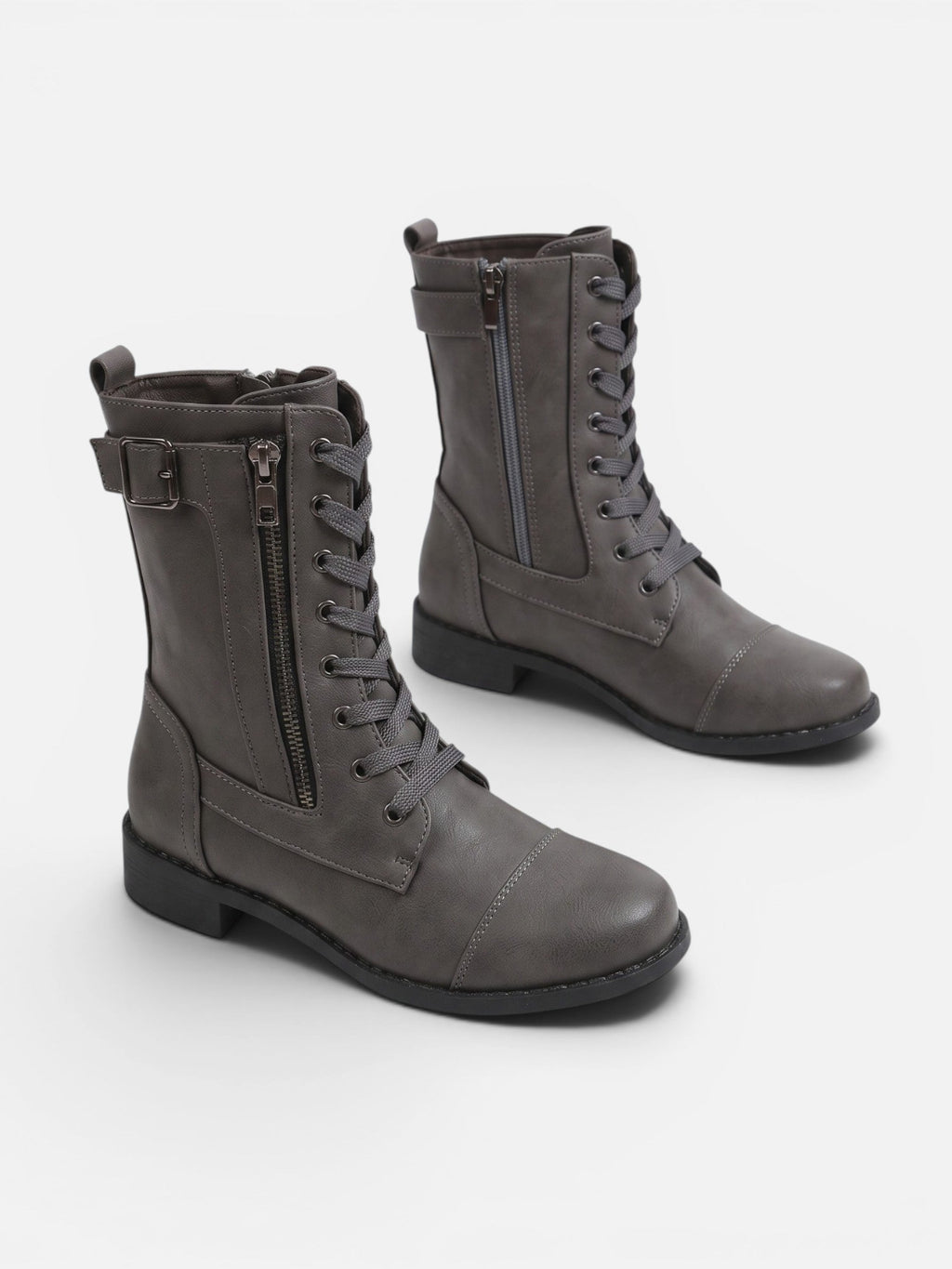 Lace-Up Combat Boots with Side Zip – Leather-Look