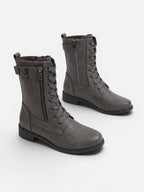 Lace-Up Combat Boots with Side Zip – Leather-Look