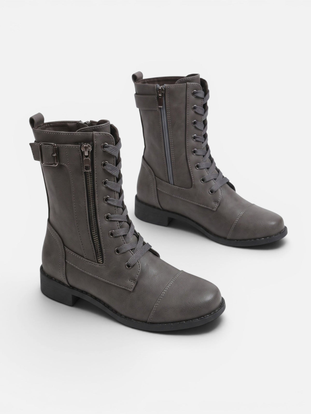 Lace-Up Combat Boots with Side Zip – Leather-Look
