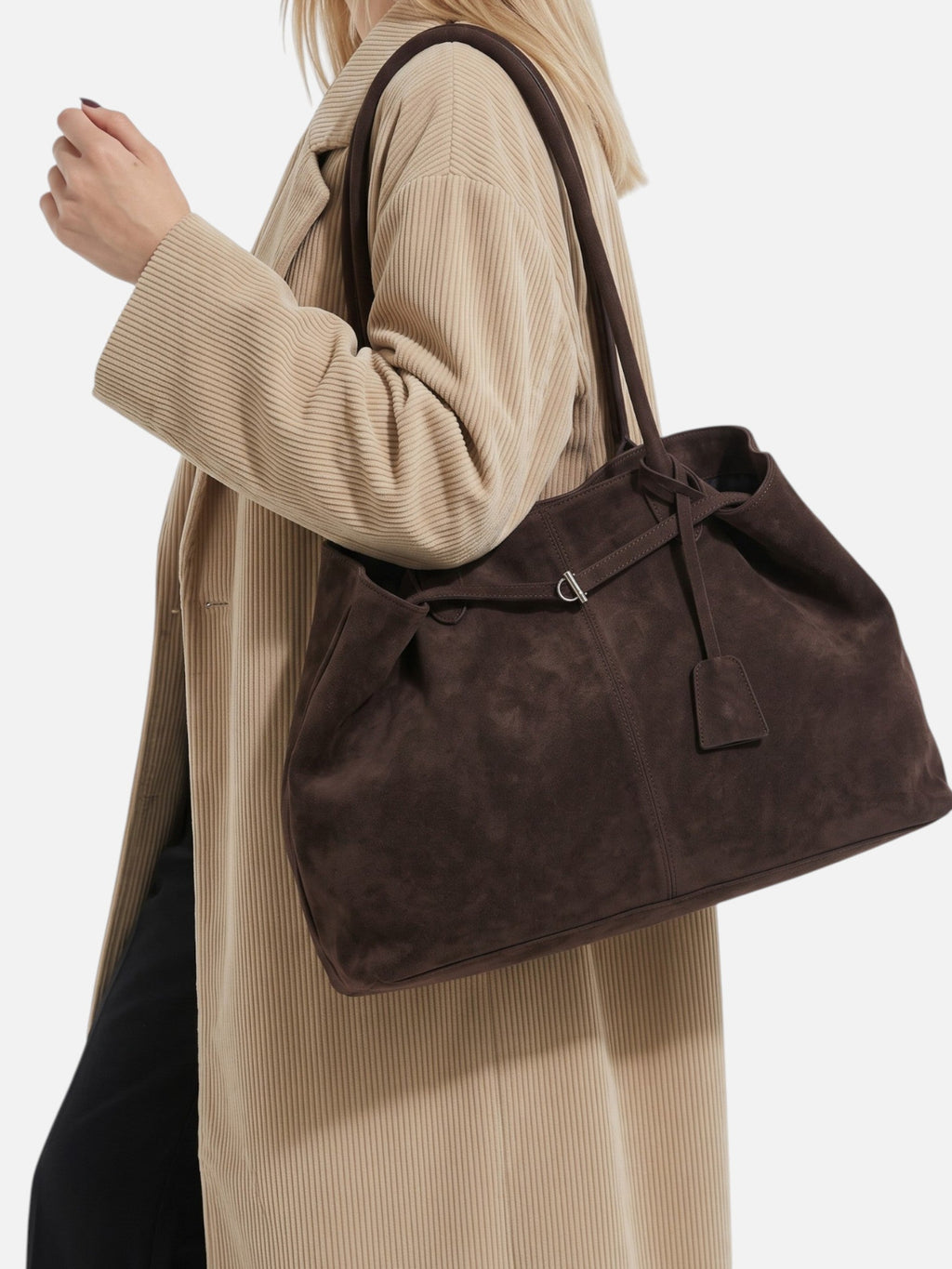 Suede-Look Slouch Tote with Buckle Strap