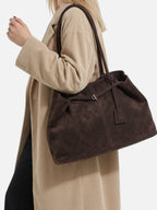 Suede-Look Slouch Tote with Buckle Strap