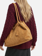 Suede-Look Slouch Tote with Buckle Strap