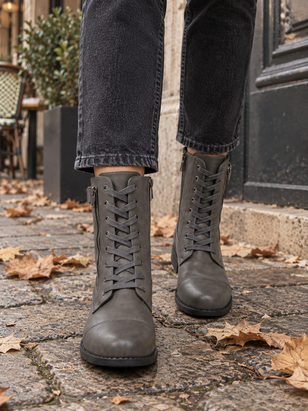 Lace-Up Combat Boots with Side Zip – Leather-Look