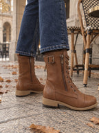 Lace-Up Combat Boots with Side Zip – Leather-Look