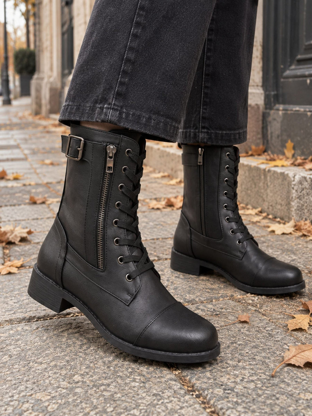Lace-Up Combat Boots with Side Zip – Leather-Look