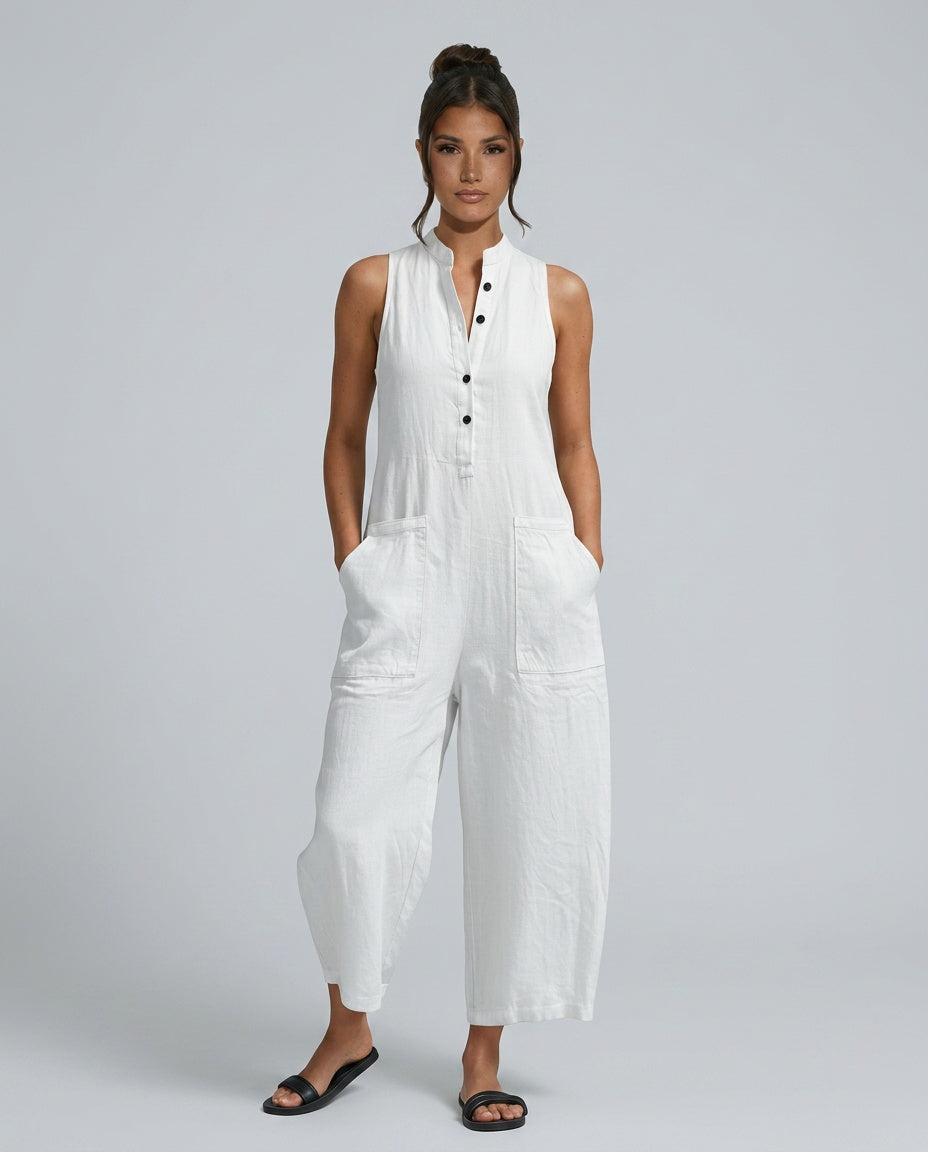 Linen-Blend Sleeveless Loose Jumpsuit