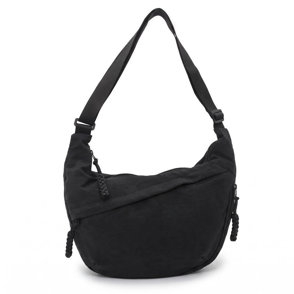 Crescent Hobo Bag in Crinkle Fabric – Dual Zip Pockets