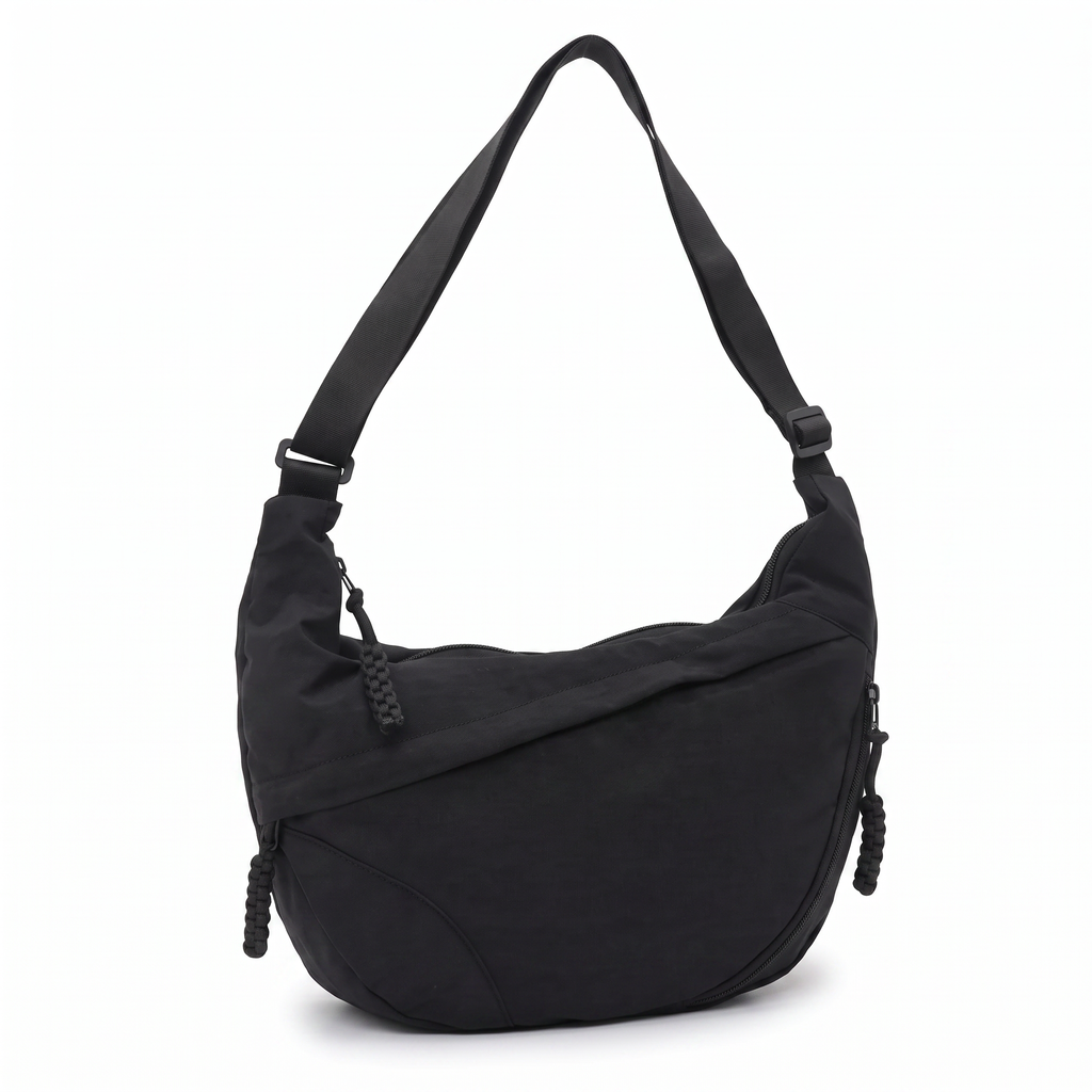 Crescent Hobo Bag in Crinkle Fabric – Dual Zip Pockets