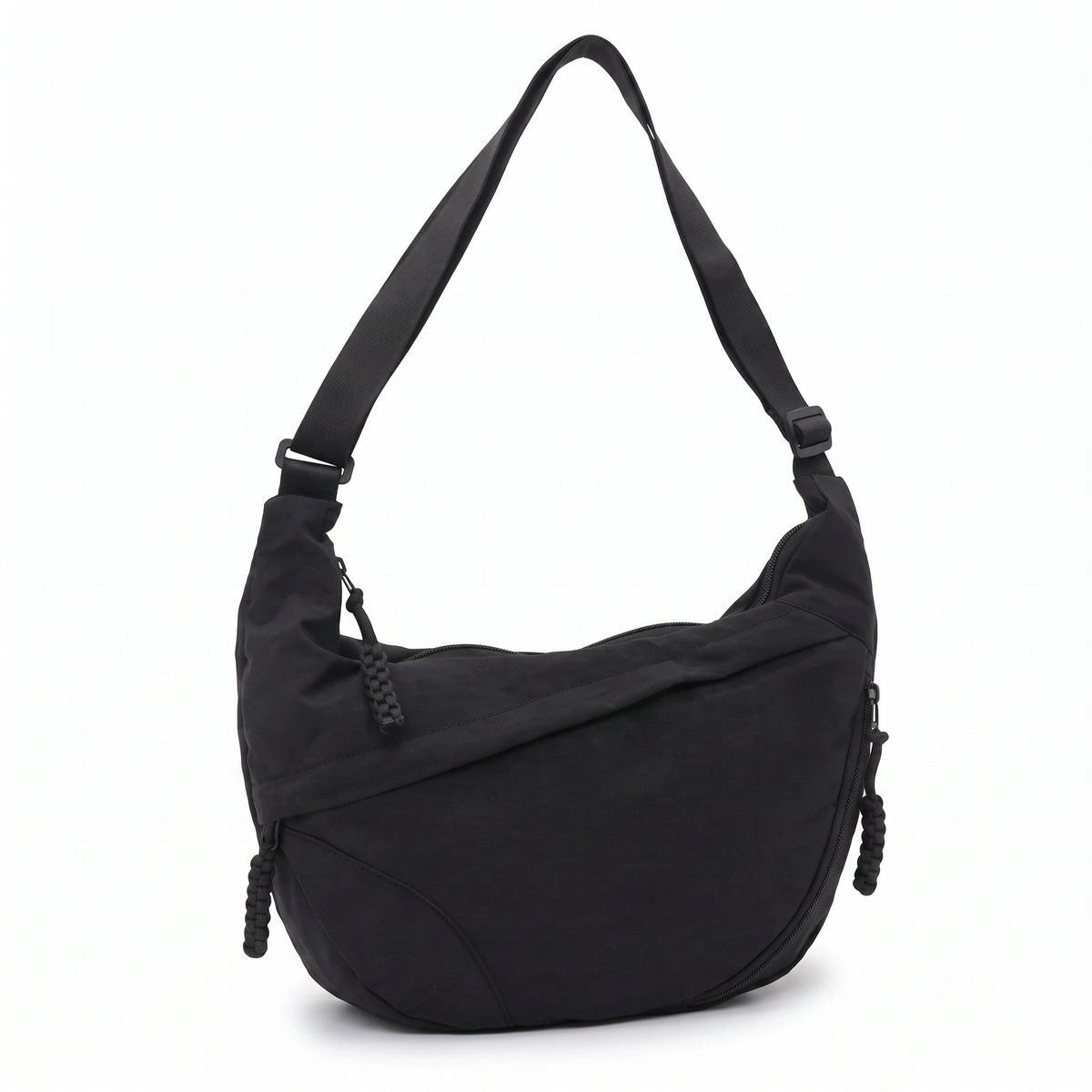 Crescent Hobo Bag in Crinkle Fabric – Dual Zip Pockets