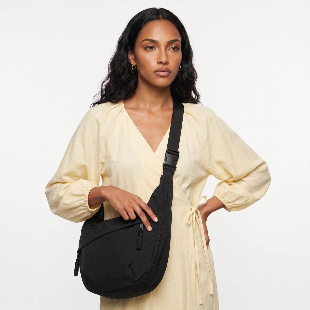 Crescent Hobo Bag in Crinkle Fabric – Dual Zip Pockets