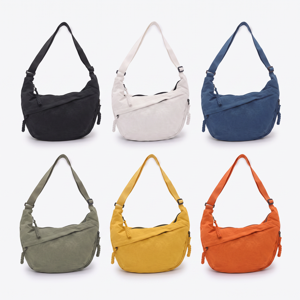 Crescent Hobo Bag in Crinkle Fabric – Dual Zip Pockets
