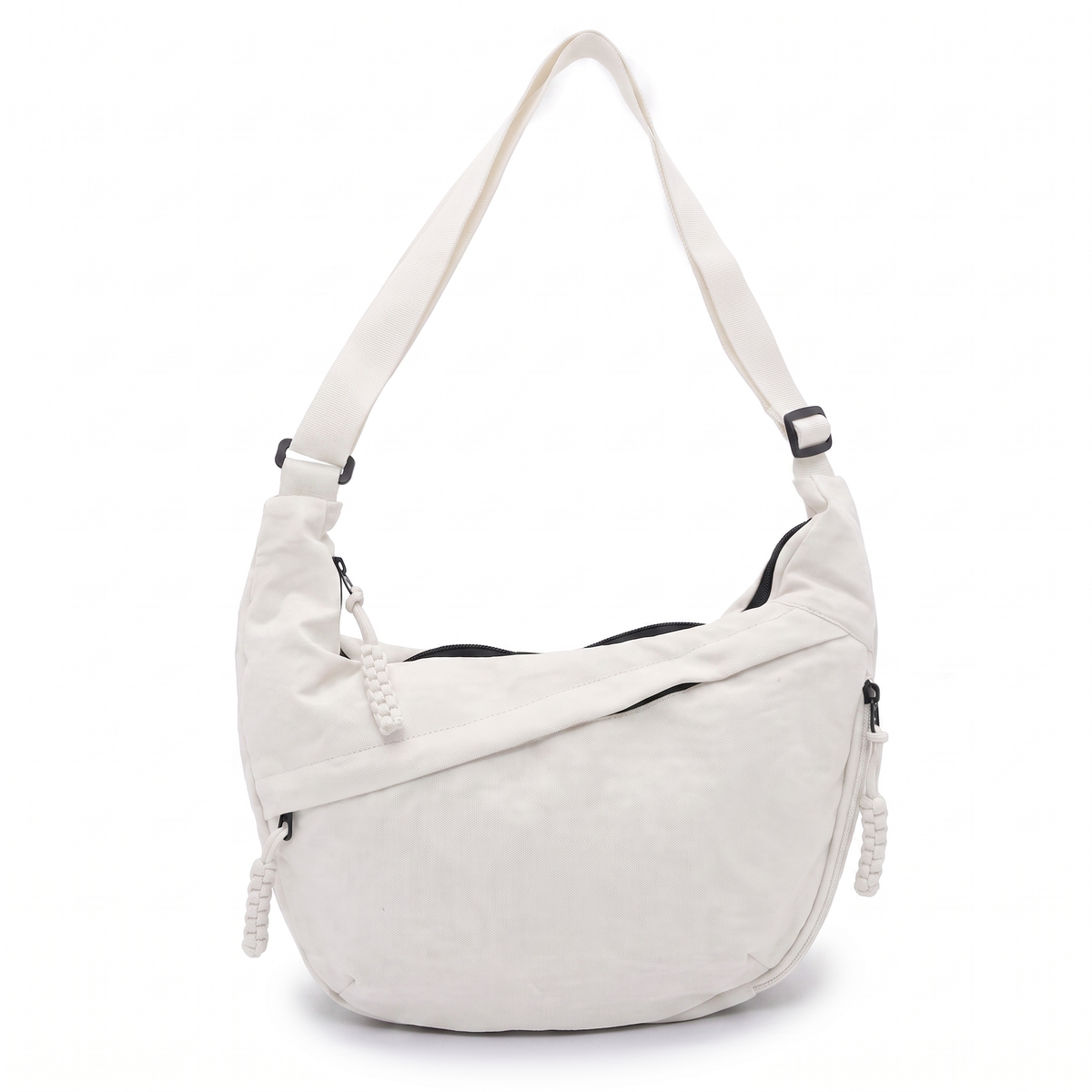 Crescent Hobo Bag in Crinkle Fabric – Dual Zip Pockets