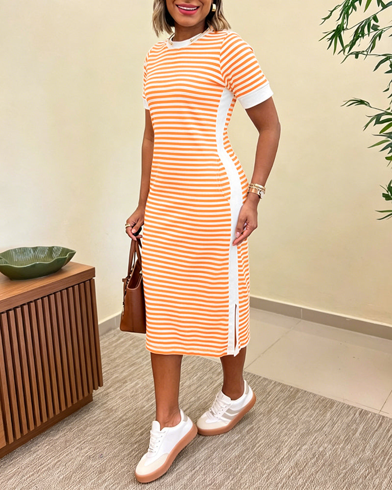 Striped Colorblock Midi T-Shirt Dress with Side Slit and Pockets | Meave & Ivy