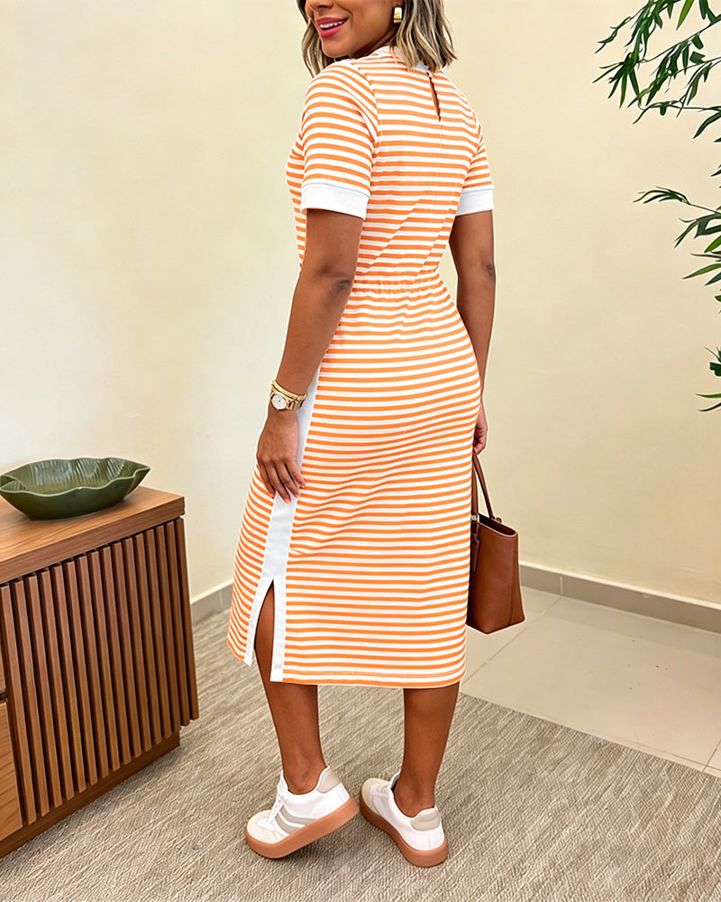 Striped Colorblock Midi T-Shirt Dress with Side Slit and Pockets | Meave & Ivy